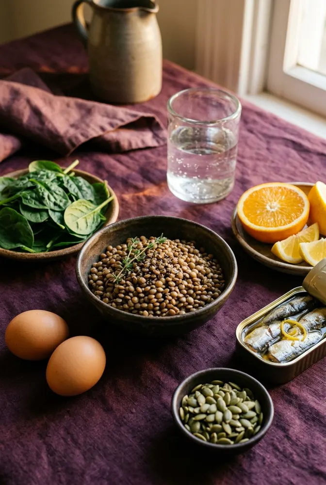 Lentilles, épinards, œufs, sardines, agrumes et graines de courge sur un linge prune