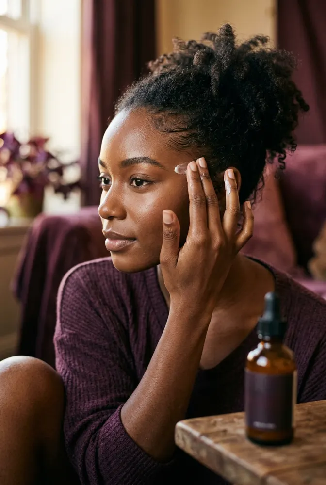 Femme afro qui applique une lotion du bout des doigts sur ses tempes et son contour naturel
