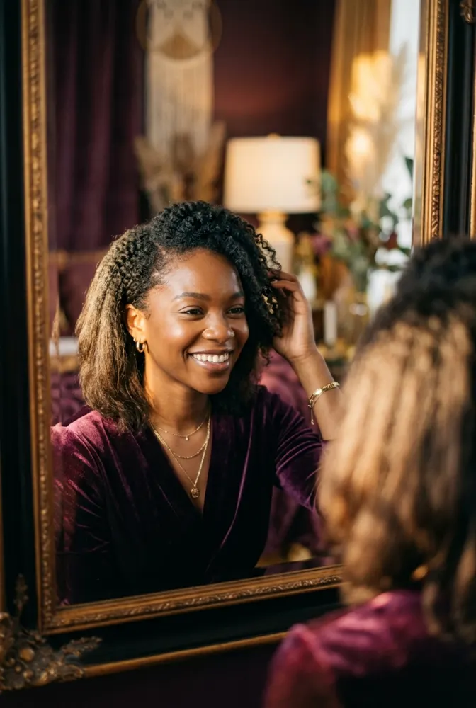 Femme afro souriante devant un miroir, en transition entre cheveux défrisés et cheveux naturels