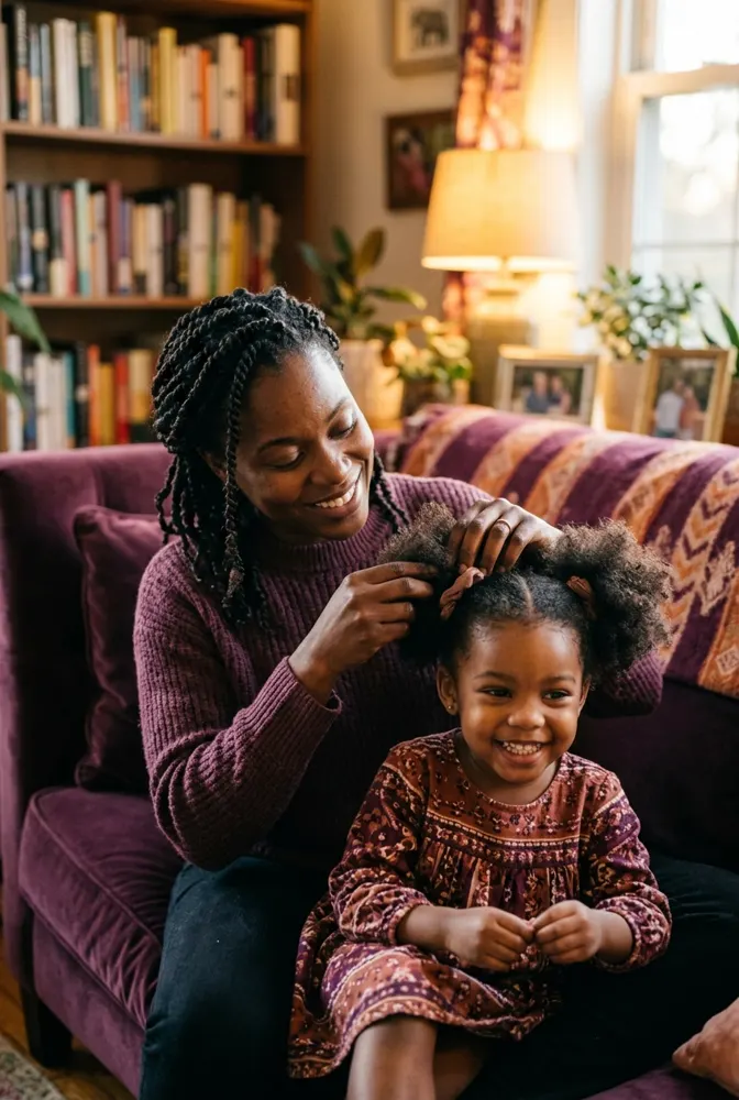 Maman afro qui démêle délicatement avec les doigts les puffs naturels de sa petite fille souriante