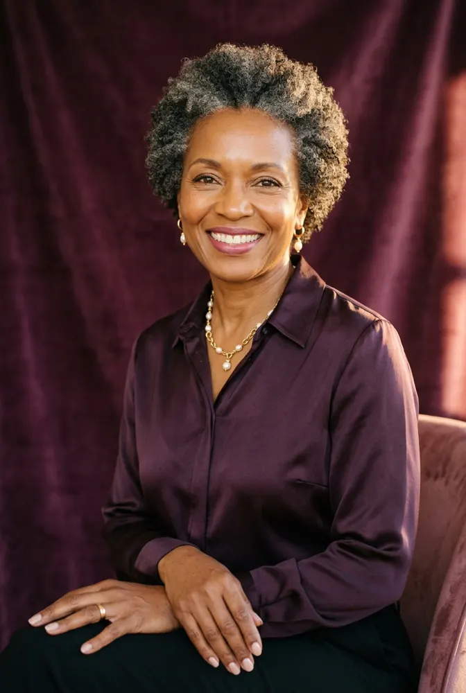 Femme afro élégante d'une cinquantaine d'années aux cheveux courts naturels poivre et sel, souriante