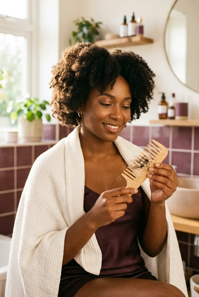 Femme afro sereine dans sa salle de bain qui regarde un peigne en bois avec quelques cheveux crépus