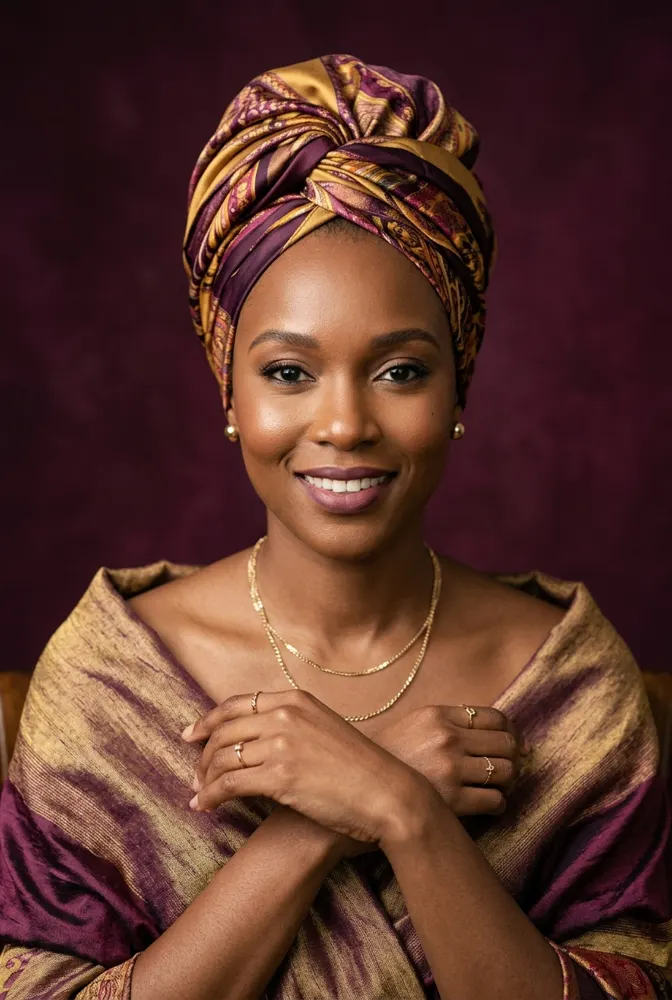 Femme afro sereine et confiante portant un foulard de soie or et prune élégamment noué