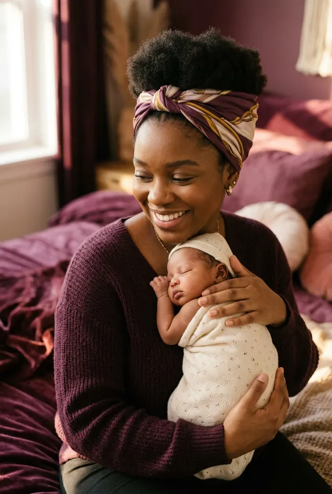 Jeune maman afro aux cheveux protégés par un foulard en satin, qui tient son nouveau-né contre elle