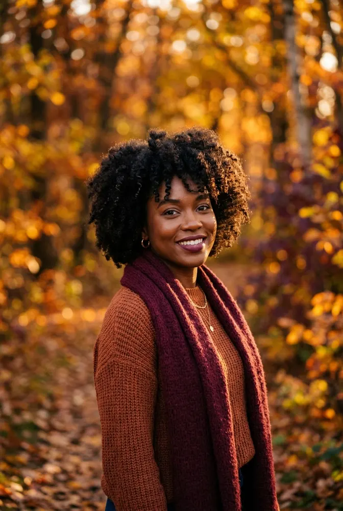 Femme afro aux cheveux naturels avec une écharpe en maille bordeaux, au milieu des feuilles d'automne