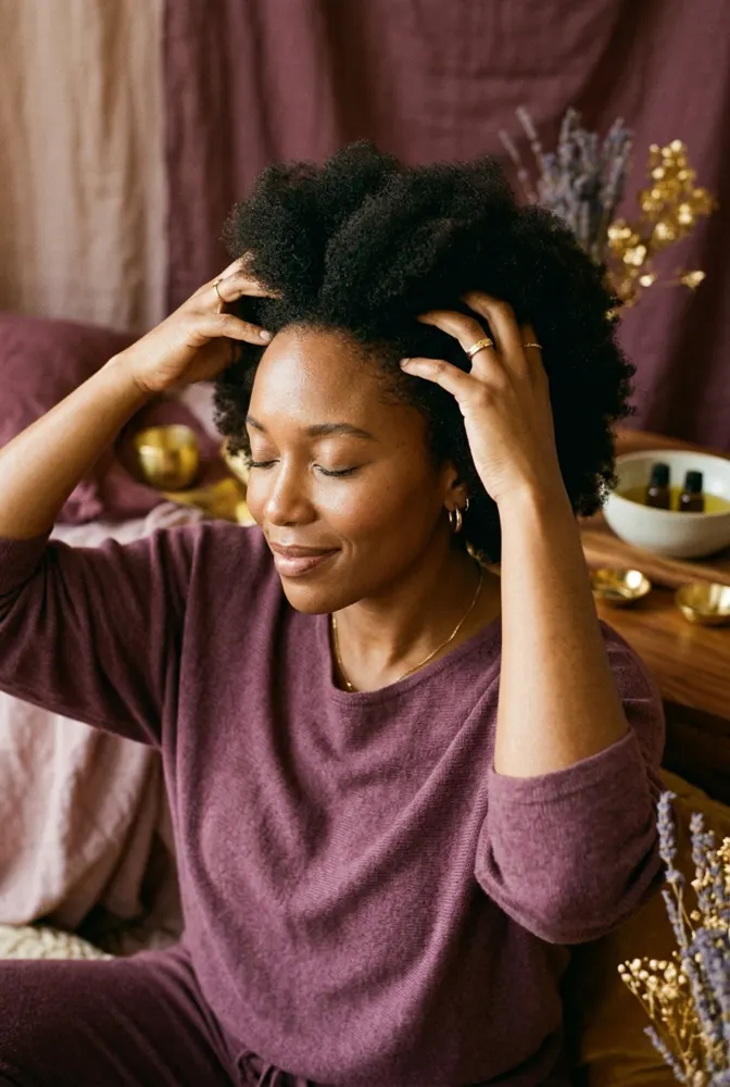 Femme afro aux yeux fermés qui se masse le cuir chevelu des deux mains, apaisée